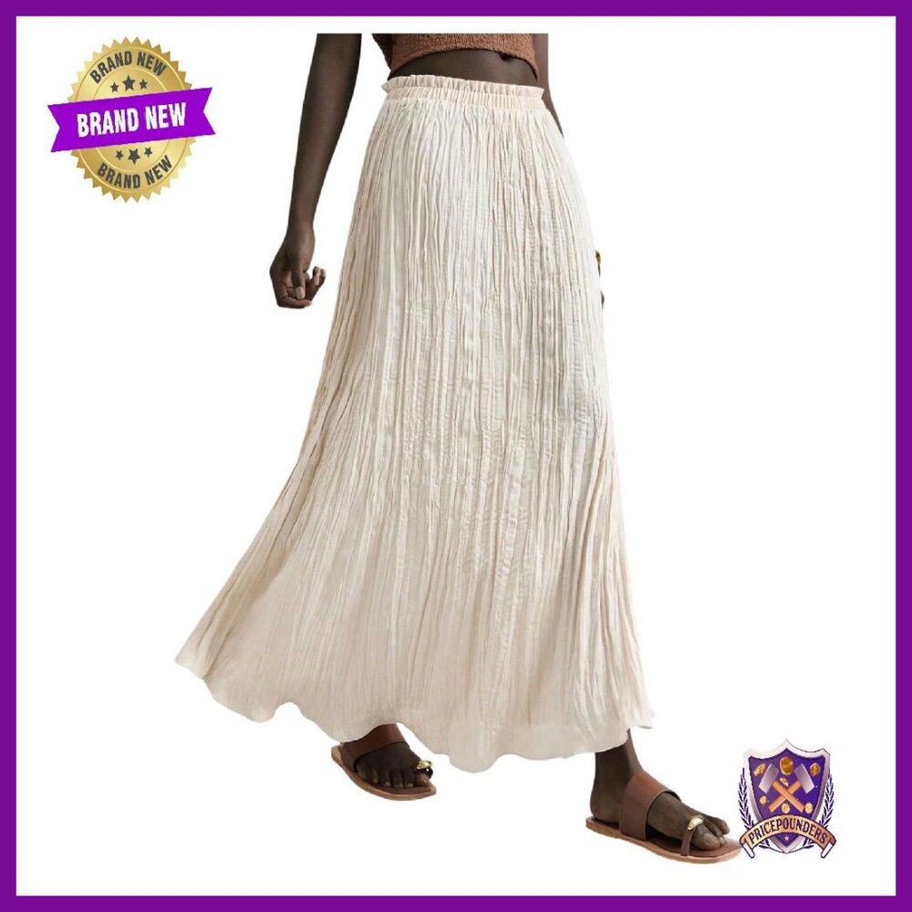 Satin Silk Maxi Skirt With Ruffle Hem, Elastic Waist, Pleated Textured Design